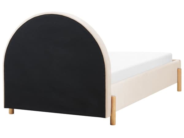 Sänky beige 90 x 200 cm samettiverhoilu puujalat puolipyöreä pääty minimalistinen retro