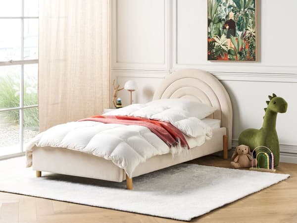 Sänky beige 90 x 200 cm samettiverhoilu puujalat puolipyöreä pääty minimalistinen retro