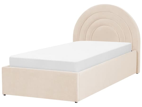 Seng med opbevaringsboks beige velour 90 x 200 cm med ramme minimalistisk design opbevaringsplads