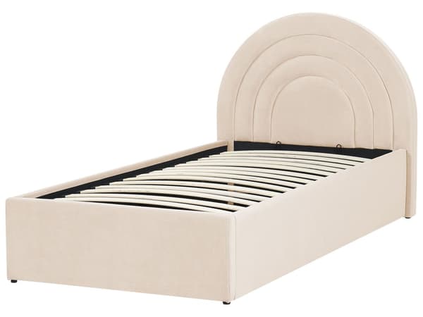 Seng med opbevaringsboks beige velour 90 x 200 cm med ramme minimalistisk design opbevaringsplads