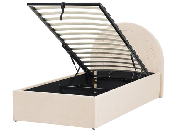 Seng med opbevaringsboks beige velour 90 x 200 cm med ramme minimalistisk design opbevaringsplads