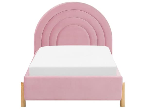 Polstret pink velourseng 90 x 200 cm med ramme minimalistisk design soveværelse børneværelse