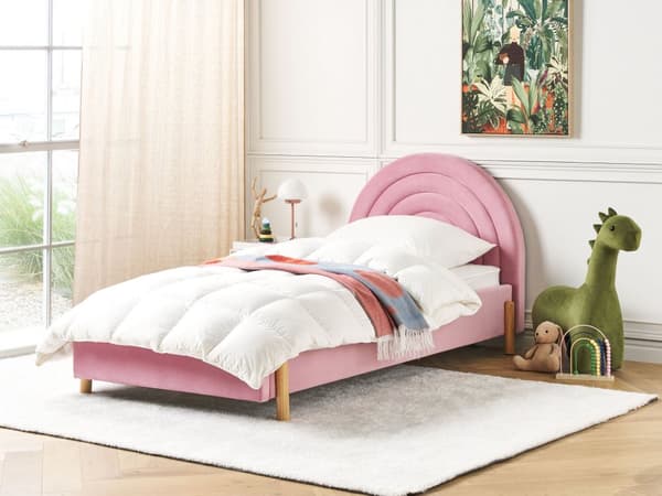 Polstret pink velourseng 90 x 200 cm med ramme minimalistisk design soveværelse børneværelse