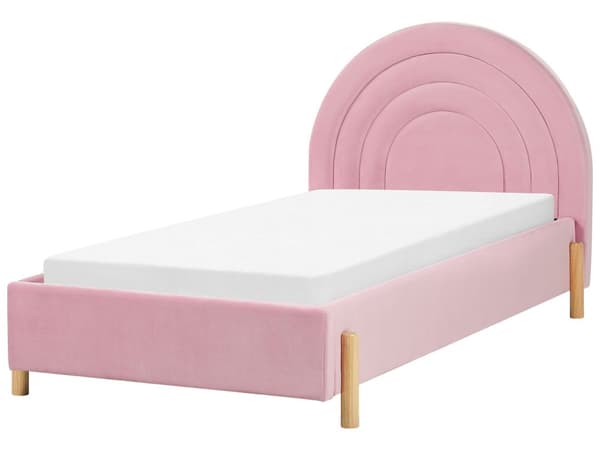 Polstret pink velourseng 90 x 200 cm med ramme minimalistisk design soveværelse børneværelse
