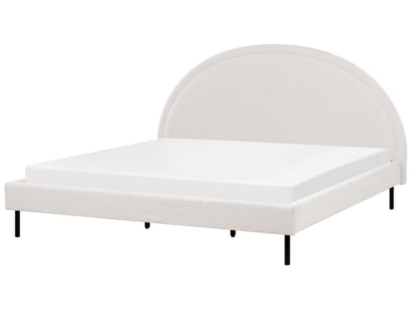 Hvid boucle polyester seng 180 x 200 cm med ramme polstret halvrund hovedgærde minimalistisk design soveværelse