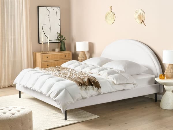 Hvid boucle polyester seng 180 x 200 cm med ramme polstret halvrund hovedgærde minimalistisk design soveværelse