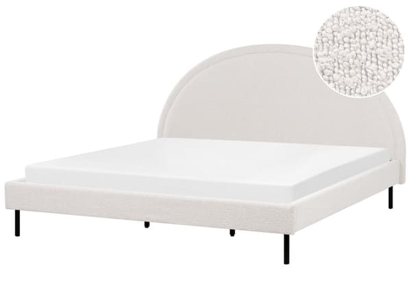 Hvid boucle polyester seng 180 x 200 cm med ramme polstret halvrund hovedgærde minimalistisk design soveværelse