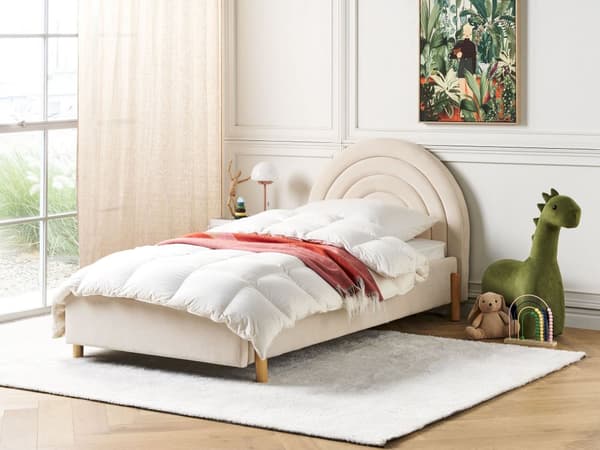 Polstret seng beige velour 90 x 200 cm med ramme minimalistisk design soveværelse børneværelse