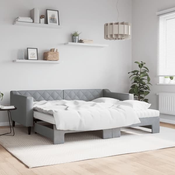 vidaXL Dagbädd med extrabädd och madrasser ljusgrå 90x190 cm tyg