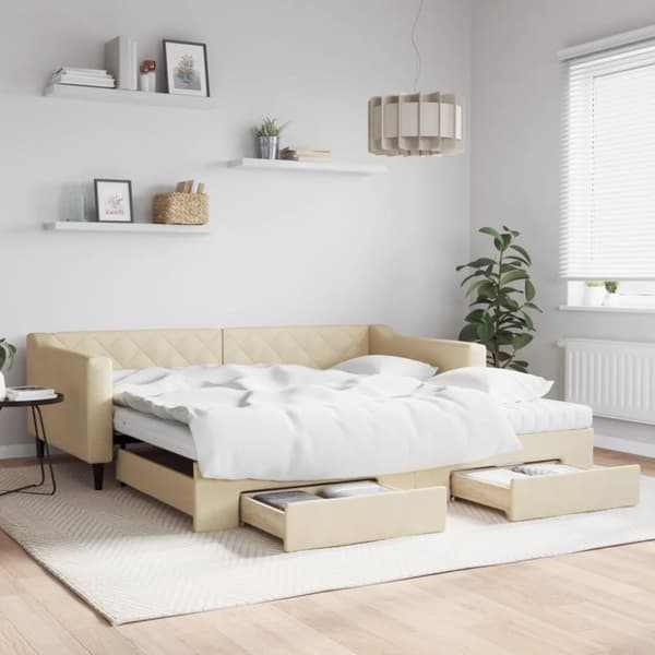 vidaXL daybed med udtræk og skuffer 100x200 cm stof cremefarvet