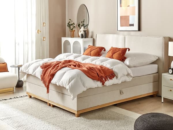 Dobbeltseng Beige Stoff 180 x 200 cm Oppbevaringsrom Bonellfjærmadrass Moderne design Kontinentalseng Soverom