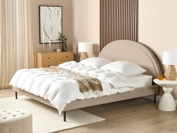 Säng Beige Boucle Polyester Tyg Dubbel 180 x 200 cm Lamellram Halvrund Sänggavel Minimalistisk Retro Design Sovrum