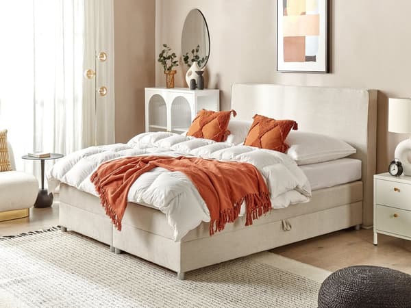 Seng med oppbevaring Beige Stoff 160 x 200 cm Madrass inkludert Sengegavl Moderne design Kontinentalseng Soverom