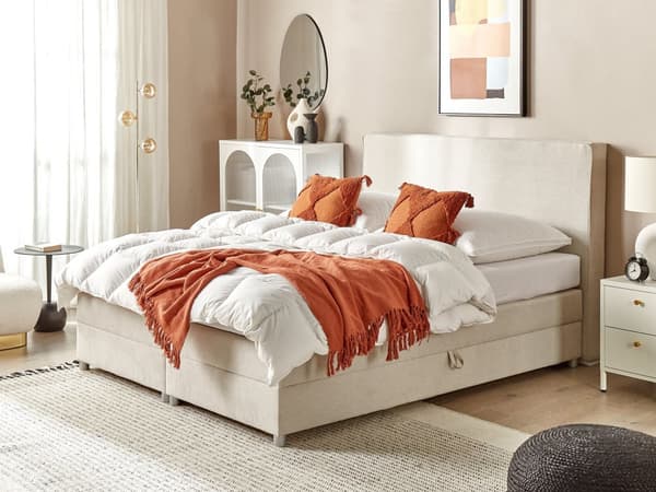 Seng med oppbevaring Beige Stoff 180 x 200 cm Madrass inkludert Sengegavl Moderne design Kontinentalseng Soverom