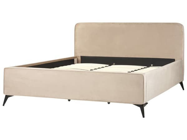 Dubbelsäng Taupe Sammet Klädsel Svart Metall Ben King Size 180 x 200 cm Med Wingback Huvudgavel Sovrum Klassisk Minimalistisk Sovrum Gästrum