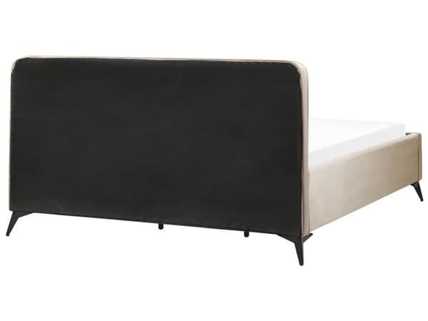 Dubbelsäng Taupe Sammet Klädsel Svart Metall Ben King Size 180 x 200 cm Med Wingback Huvudgavel Sovrum Klassisk Minimalistisk Sovrum Gästrum