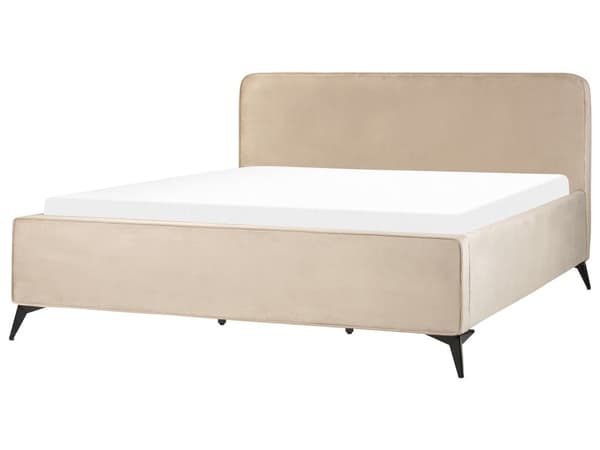 Dubbelsäng Taupe Sammet Klädsel Svart Metall Ben King Size 180 x 200 cm Med Wingback Huvudgavel Sovrum Klassisk Minimalistisk Sovrum Gästrum