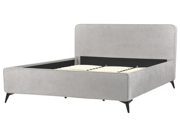 Seng med ramme lysegrå polstret polyester 180 x 200 cm hovedgærde sorte metalben klassisk look til soveværelset