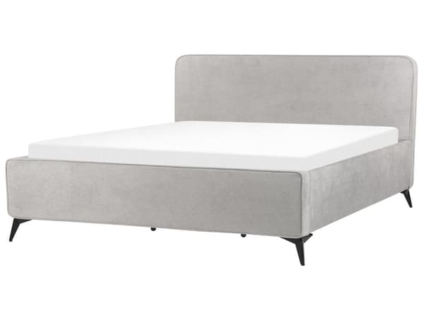 Seng med ramme lysegrå polstret polyester 180 x 200 cm hovedgærde sorte metalben klassisk look til soveværelset