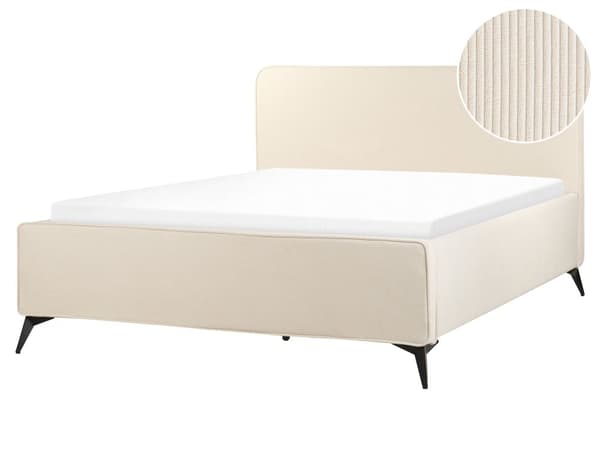 Seng med ramme beige polstret fløjl 160 x 200 cm hovedgærde sorte metalben klassisk look til soveværelset
