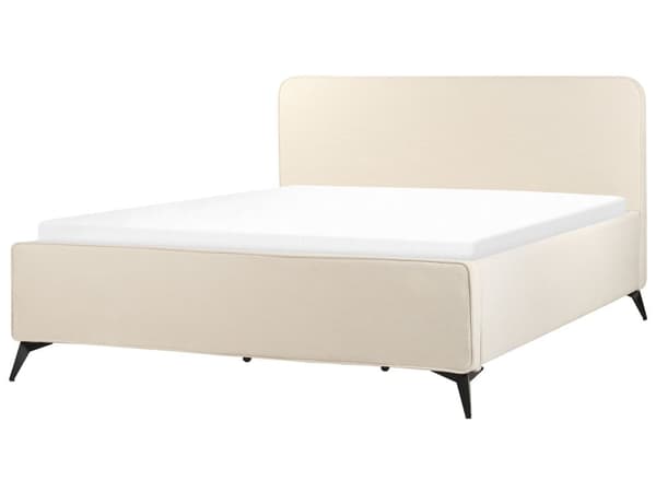 Seng med ramme beige fløjlspolstret 180 x 200 cm hovedgærde sorte metalben klassisk look til soveværelset