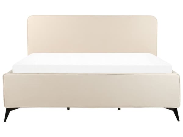 Seng med ramme beige fløjlspolstret 180 x 200 cm hovedgærde sorte metalben klassisk look til soveværelset
