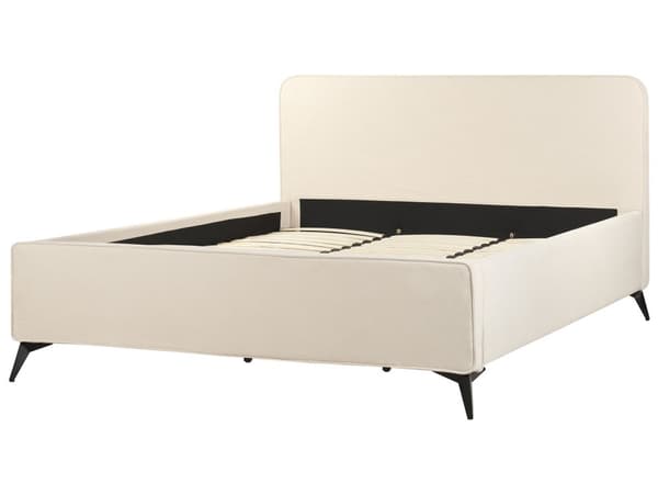 Seng med ramme beige fløjlspolstret 180 x 200 cm hovedgærde sorte metalben klassisk look til soveværelset