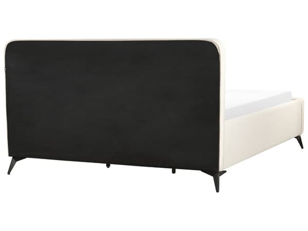 Seng med ramme beige fløjlspolstret 180 x 200 cm hovedgærde sorte metalben klassisk look til soveværelset
