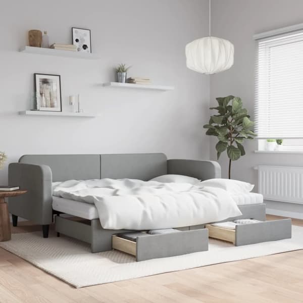 vidaXL daybed med udtræk og skuffer 90x200 cm stof lysegrå