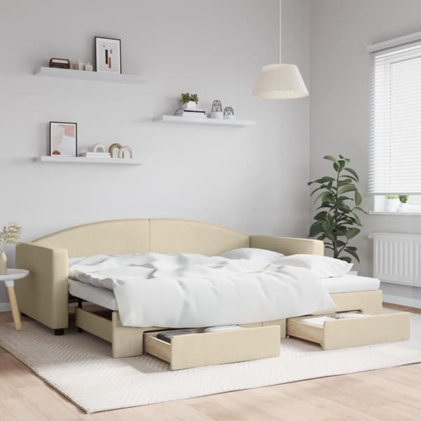 vidaXL daybed med udtræk og skuffer 90x200 cm stof cremefarvet