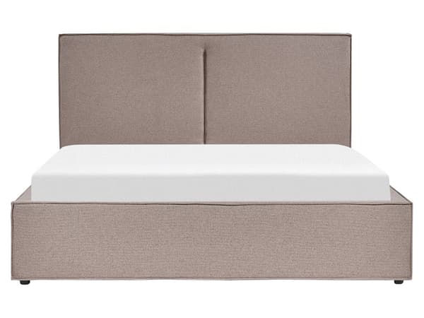 Polstret seng med taupefarget stofftrekk og høy sengegavl Spileramme 160 x 200 cm Sengeskuff oppfellbar Moderne Skandi soveromsmøbler