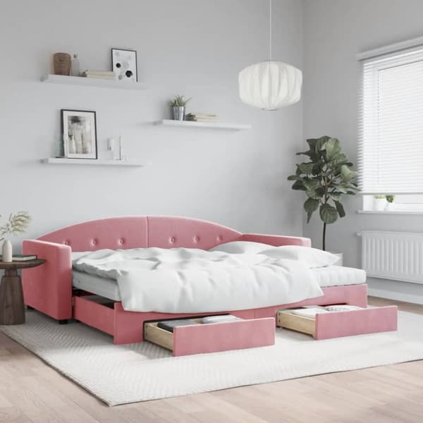 vidaXL daybed med udtræk og skuffer 90x200 cm velour lyserød