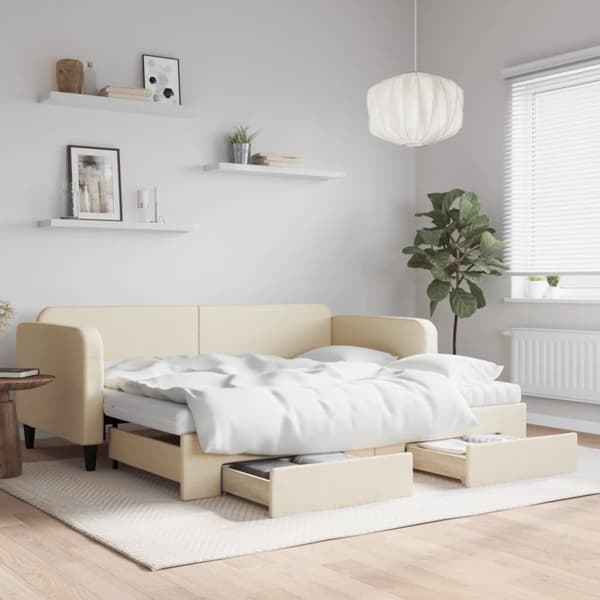 vidaXL daybed med udtræk og skuffer 90x200 cm stof cremefarvet