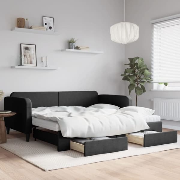 vidaXL daybed med udtræk og skuffer 100x200 cm stof sort