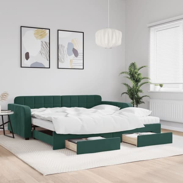 vidaXL daybed med udtræk og skuffer 100x200 cm velour mørkegrøn