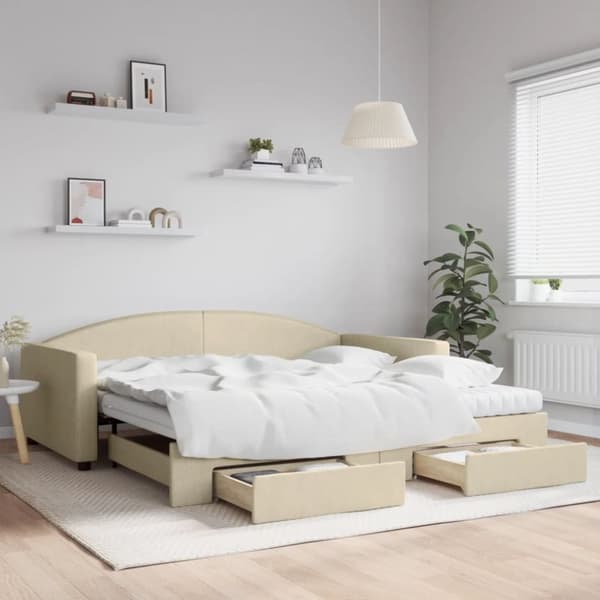 vidaXL daybed med udtræk og skuffer 100x200 cm stof cremefarvet