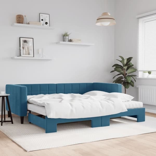 vidaXL daybed med udtræk og madras 90x200 cm velour blå
