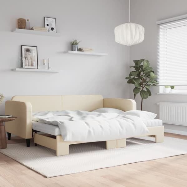vidaXL daybed med udtræk og madras 90x200 cm stof cremefarvet
