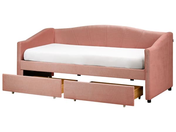 Enkelt daybed lyserød polyesterbetræk 90 x 200 cm daybed med madrasramme og skuffer eukalyptustræ moderne soveværelse