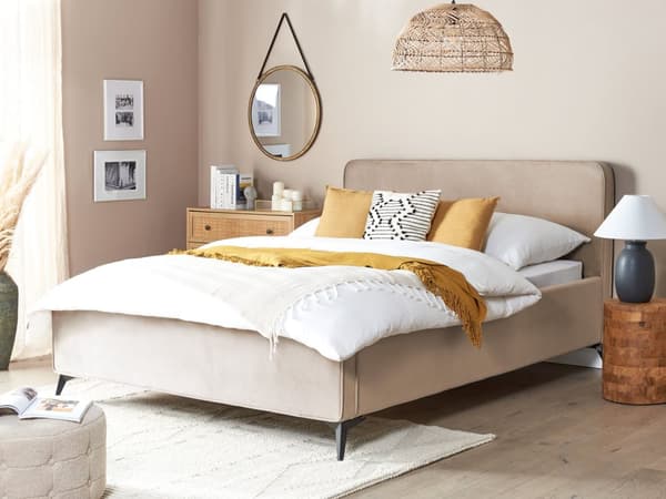 Sengeramme Taupe fløyel møbeltrekk svart metall ben 160 x 200 cm lamell med Wingback hodegjerde soverom klassisk minimalistisk