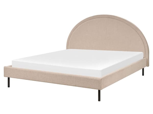 Seng Beige Bouclé polstret spileramme 160 x 200 cm høy rund sengegavl Retro soveromsmøbler utstyr