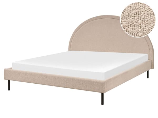 Seng Beige Bouclé polstret spileramme 160 x 200 cm høy rund sengegavl Retro soveromsmøbler utstyr