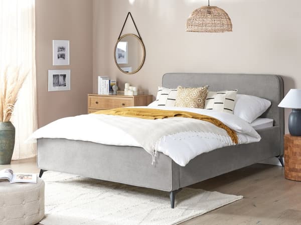 Sengeramme Lysegrå polyester møbeltrekk svart metall ben 160 x 200 cm lamell med Wingback hodegjerde soverom Klassisk minimalistisk
