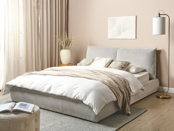 Seng Beige Fløjl 160 x 200 cm Moderne Dobbeltseng Stof To Mands Seng Lav Sengeramme Minimalistisk Design