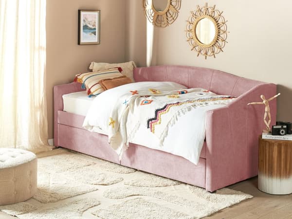 Daybed Rosa Stofftrekk med 2 skuffer spileramme 90 x 200 cm moderne enkeltseng gjesterom barneværelse ungdomsrom utstyr
