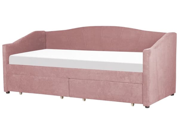 Daybed Rosa Stofftrekk med 2 skuffer spileramme 90 x 200 cm moderne enkeltseng gjesterom barneværelse ungdomsrom utstyr