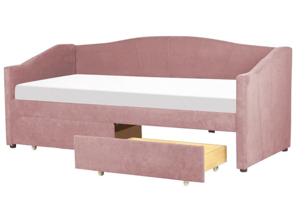 Daybed Rosa Stofftrekk med 2 skuffer spileramme 90 x 200 cm moderne enkeltseng gjesterom barneværelse ungdomsrom utstyr