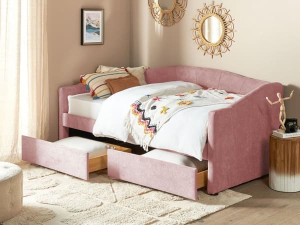 Daybed Rosa Stofftrekk med 2 skuffer spileramme 90 x 200 cm moderne enkeltseng gjesterom barneværelse ungdomsrom utstyr