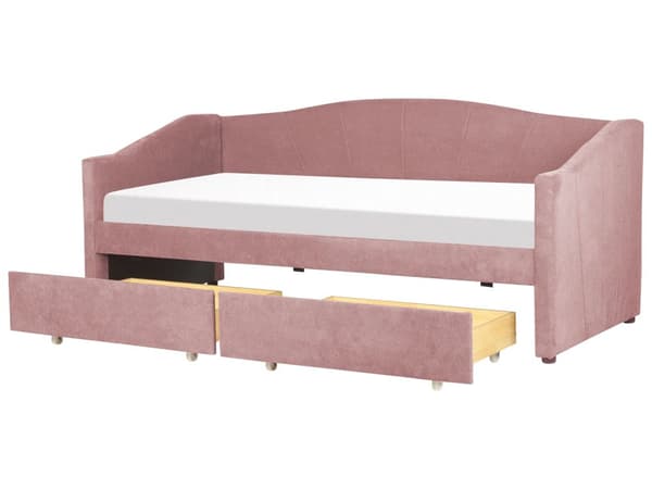 Daybed Rosa Stofftrekk med 2 skuffer spileramme 90 x 200 cm moderne enkeltseng gjesterom barneværelse ungdomsrom utstyr