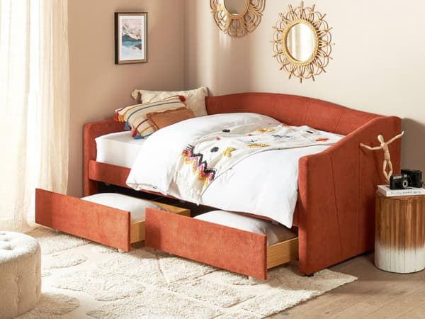 Daybed Rød Stofftrekk med 2 skuffer Spileramme 90 x 200 cm Moderne Enkeltseng Gjesterom Barnerom Ungdomsrom Utstyr